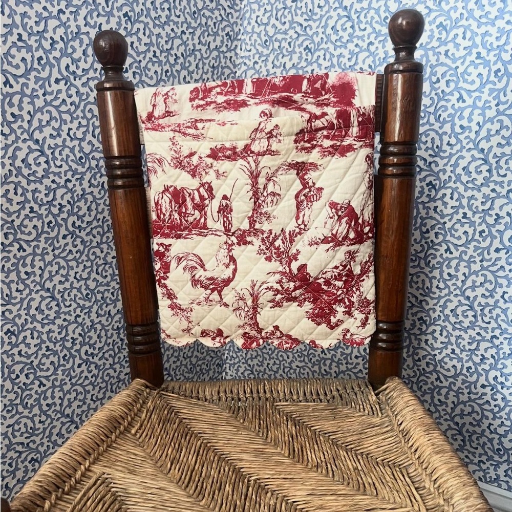 Red toile scalloped armchair throw